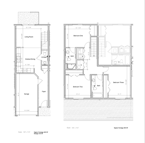 A floor plan of a one bedroom apartment with a garage.